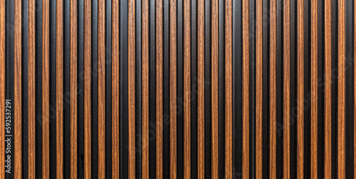 The surface of a brown wooden slatted panel. Decor and interior design, construction and renovation. Space for text. Panorama format. photo