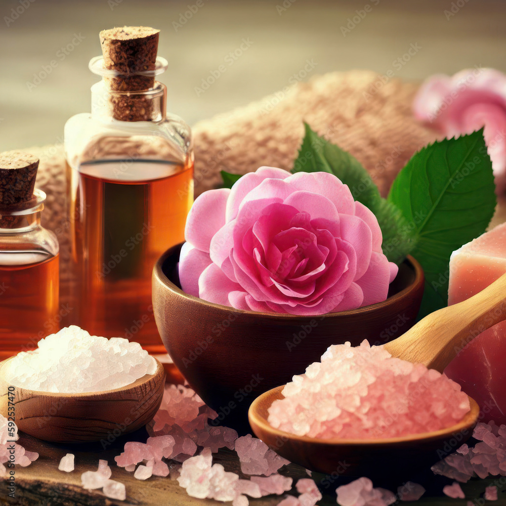 Spa beauty items on a table, massage stones, essential oils, salt, generative ai Spa beauty items on a table, massage stones, essential oils, salt, generative ai