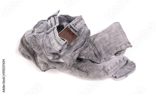 Worn grey jeans isolated on white