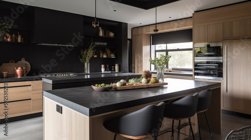 Beautiful shot of a modern kitchen in a new house. Generative AI.