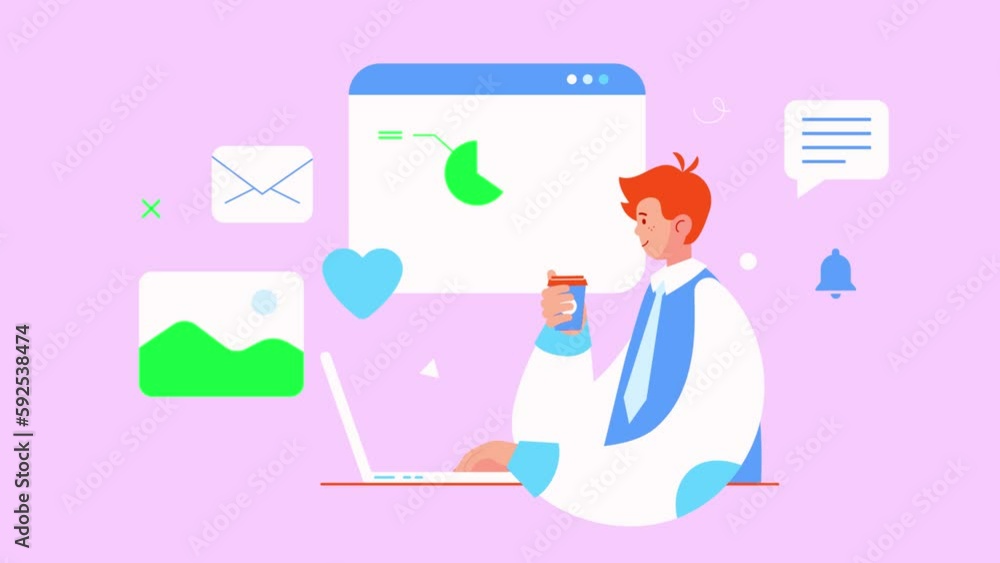 Man Working On Laptop 2D Animation. Modern Trendy Design with Graph, Chart and Speech Bubble. Business and Finances Concept. Man Working On Laptop 2D Animation. Modern Trendy Design with Graph, Chart and Speech Bubble. Business and Finances Concept.