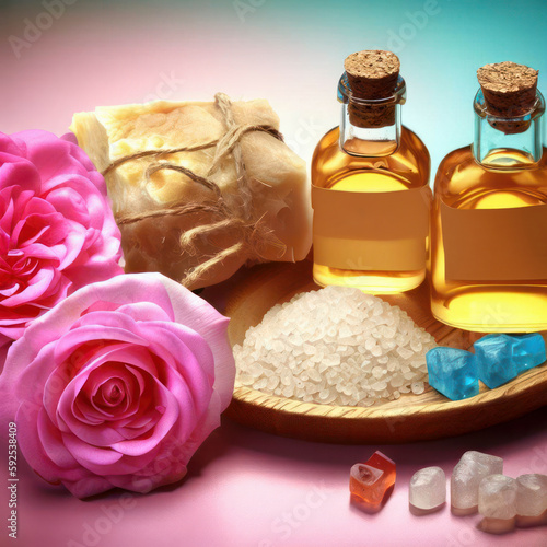 Spa beauty items on a table  massage stones  essential oils  salt  generative ai