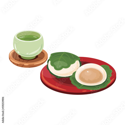 お茶　柏餅　みそあん　断面　緑色の葉