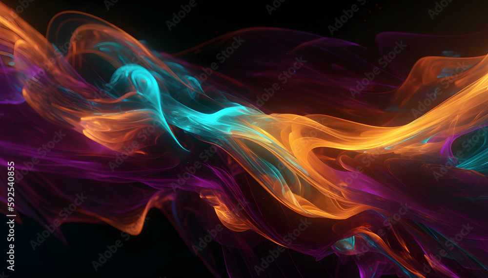 Abstract chaotic cyan, orange, and purple dynamic neon smooth lines background, Cyan, Orange, and Purple Dynamic Colors, Generative AI