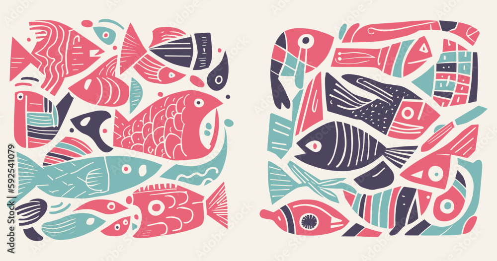 Set of colorfull illustrations with various fishes in linocut style. Flat design of ocean fishes