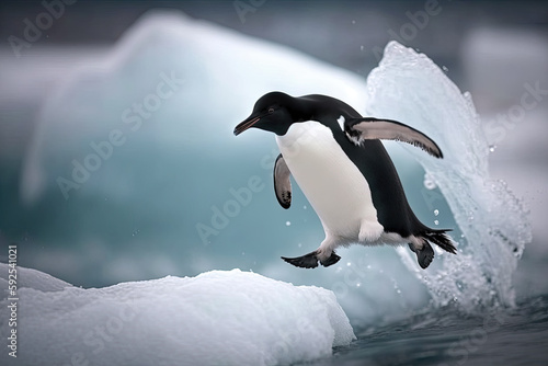 a penguin in antarctica jumps off an ice floe. Generative AI