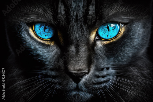 portrait of a black cat with blue eyes. isolated on black background. Generative AI