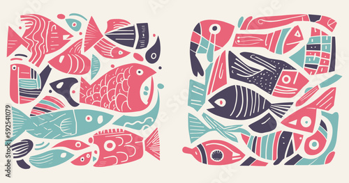 Set of colorfull illustrations with various fishes in linocut style. Flat design of ocean fishes