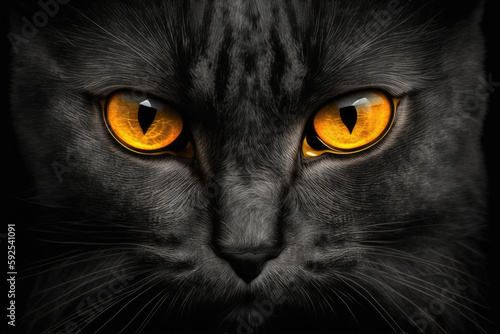 portrait of a black cat with yellow eyes. isolated on black background. Generative AI