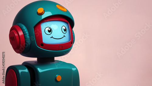 happy smilling green robot with blue face and headset looking up on pink background, generative AI photo