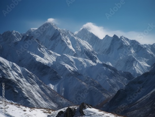 A majestic mountain range with snow-capped peaks and a clear blue sky