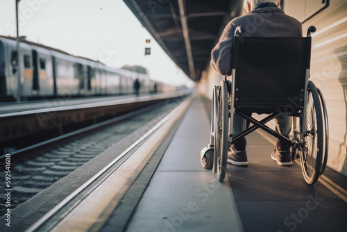 A man in a wheelchair sits on a platform at a train station. AI generation