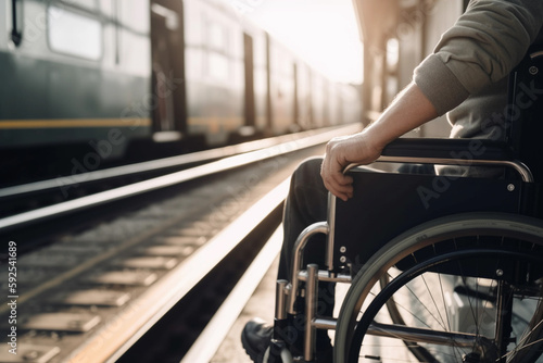 A man in a wheelchair sits on a platform next to a train. AI generation