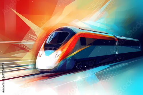 A colorful train is going through a colorful abstract background. AI generation