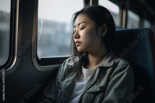 A woman sleeps on a train with her eyes closed and her eyes closed. AI generation © Andrey