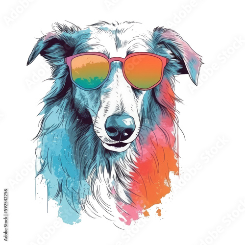 Borzoi T-shirt Vector Art, Cute happy dog, wearing sunglasses, Printable design for wall art, mugs, cases, etc.
