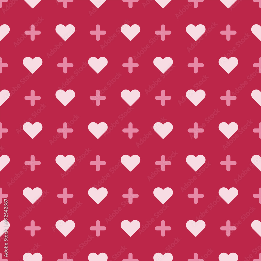 Seamless red background pattern. White heart shape and pink cross. Texture design for fabric, tile, banner, template, card, poster, backdrop, wall. Vector illustration.