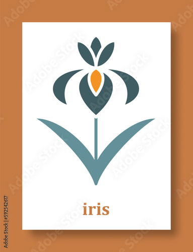 Abstract symbol of iris flower. Simple minimal style of iris petals and branch with leaves. Vector illustration.