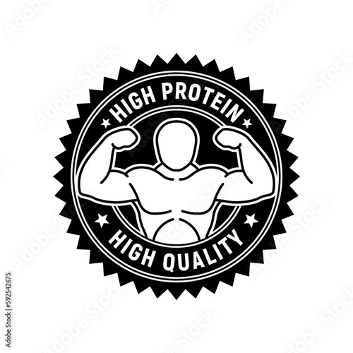 Badge of high protein. Black and white high quality rubber stamp. Design elements for labels, stickers, banners, posters for food and health business. Vector illustration.