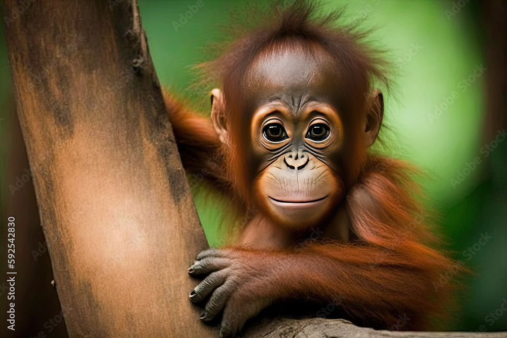 a cute baby orangutan is holding on to the tree in the jungle. Generative AI a cute baby orangutan is holding on to the tree in the jungle. Generative AI