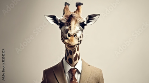 portrait of a giraffe in a suit and tie, in light modern office space. Generative AI Art Illustration