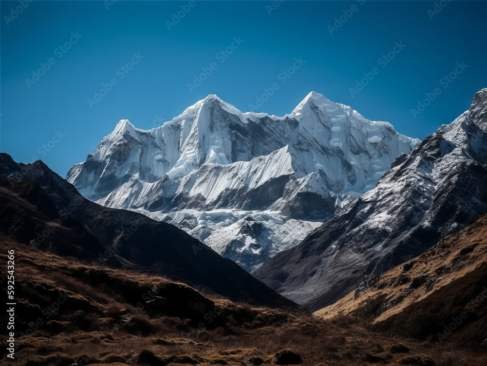 Obraz premium A majestic mountain range with snow-capped peaks and a clear blue sky