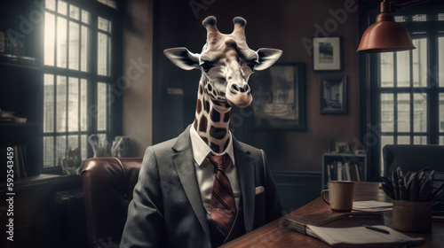 portrait of a giraffe in a suit and tie  in light modern office space. Generative AI Art Illustration