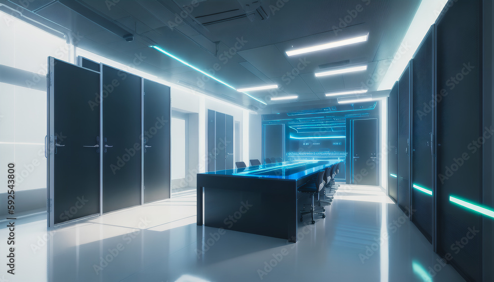 A modern server room with glass walls and computers. Generative AI.