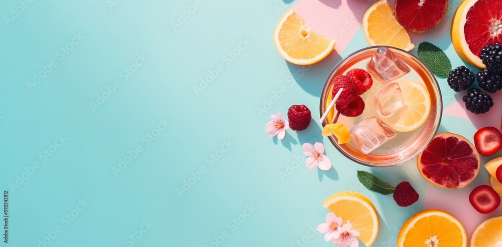 A light blue background with a cocktail glass, fruit and flowers on the right. Top view summer banner with plenty of copy space. A light blue background with a cocktail glass, fruit and flowers on the right. Top view summer banner with plenty of copy space.