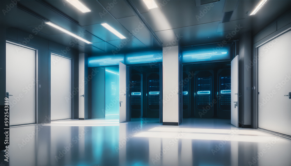 A modern server room with glass walls and computers. Generative AI. A modern server room with glass walls and computers. Generative AI.