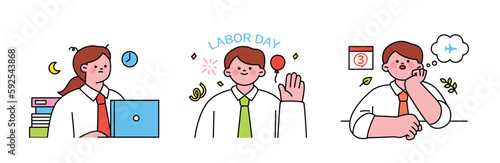Labor Day. people who are working. Tired office worker working overtime, business man planning vacation.