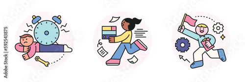 Labor Day. people who are working. An office worker who rushes with piles of documents and is crushed by a large clock. An office worker running with a flag.