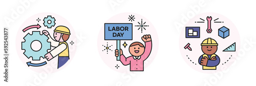 Labor Day. people who are working. A cute character turning a big gear and demanding workers' rights. Workers thinking about work tools.