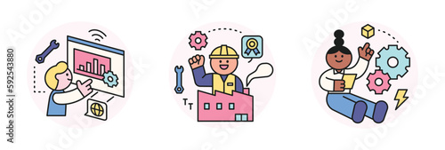 Labor Day. people who are working. Office workers analyzing data, factory workers and characters turning gears.