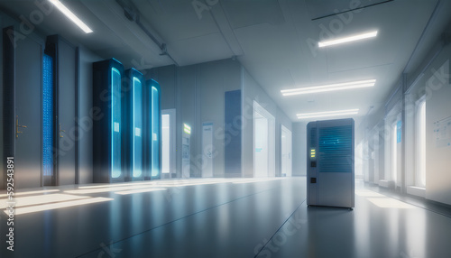 A modern server room with glass walls and computers. Generative AI.