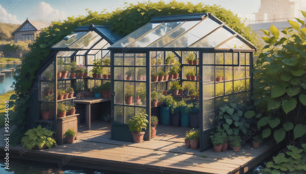 A small greenhouse surrounded by greenery placed on a small island. Tiny lakes and trees in the background. Abundant vegetables, fruits, and flowers. Generative AI