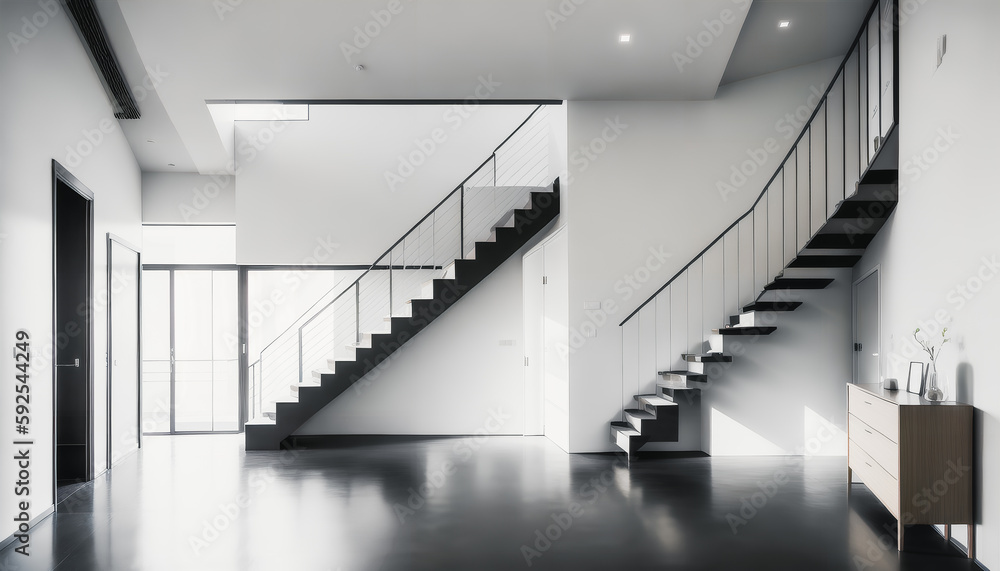 Obraz premium A black and white foyer in a new building with grand glass stairs. Modern design. Generative AI.
