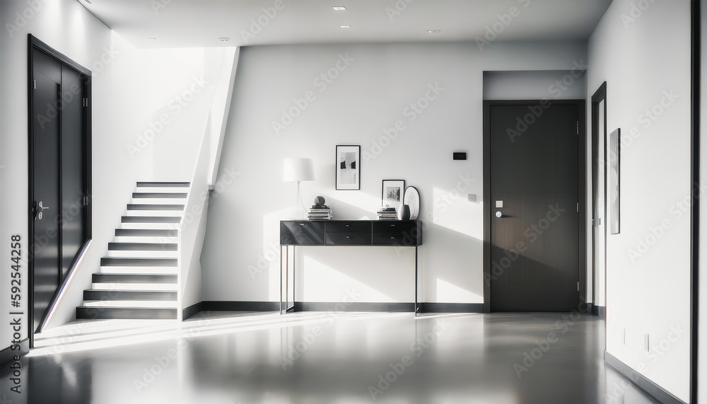 A black and white foyer in a new building with grand glass stairs. Modern design. Generative AI.
A black and white foyer in a new building with grand glass stairs. Modern design. Generative AI.