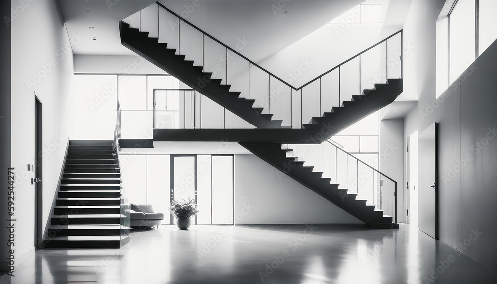 Obraz premium A black and white foyer in a new building with grand glass stairs. Modern design. Generative AI.