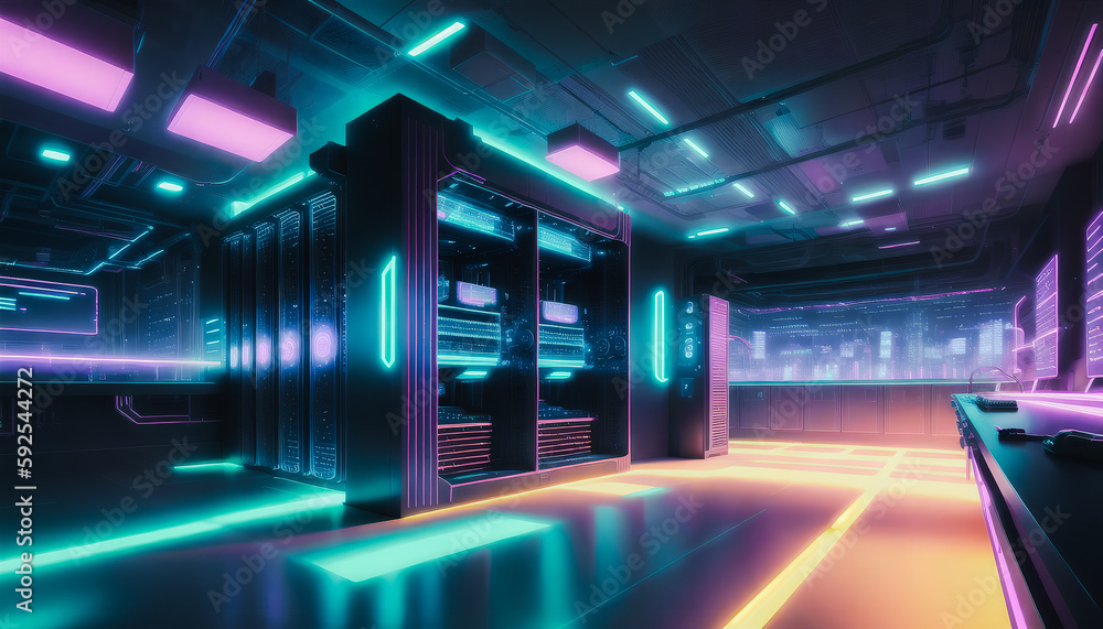 A cyberpunk server room sustaining the metaverse. Futuristic technologies and quantum computers. Generative AI