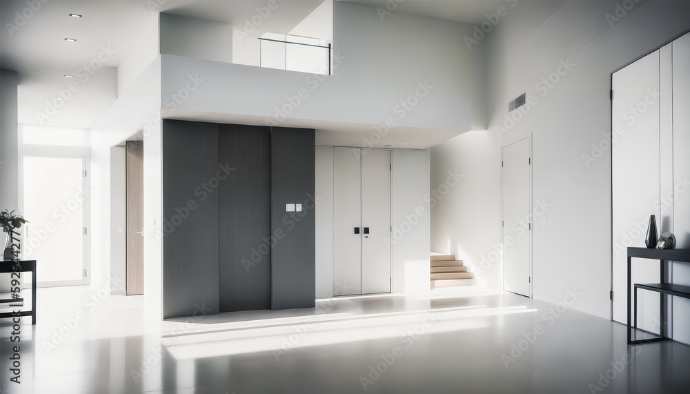 A black and white foyer in a new building with grand glass stairs. Modern design. Generative AI.
A black and white foyer in a new building with grand glass stairs. Modern design. Generative AI.