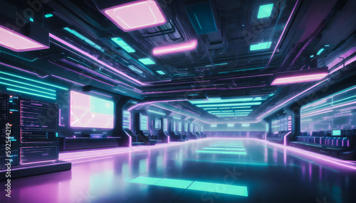 A cyberpunk server room sustaining the metaverse. Futuristic technologies and quantum computers. Generative AI