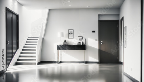 A black and white foyer in a new building with grand glass stairs. Modern design. Generative AI.