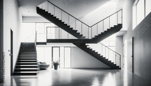 A black and white foyer in a new building with grand glass stairs. Modern design. Generative AI.