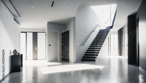 A black and white foyer in a new building with grand glass stairs. Modern design. Generative AI.   © 4K_Heaven