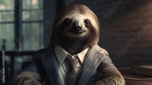portrait of a sloth in a suit and tie, in light modern office space. Generative AI Art Illustration © Яна Михайлець