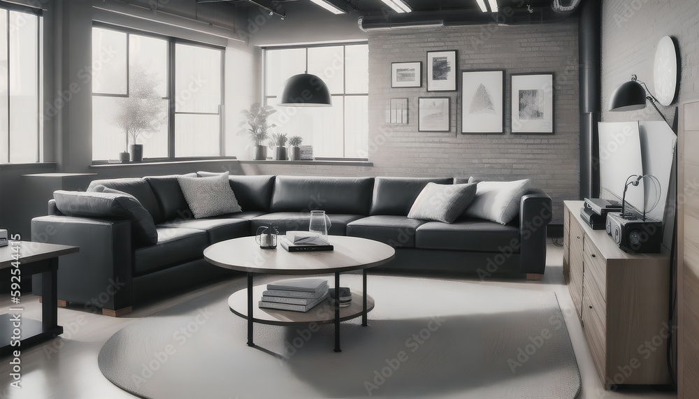 A modern architecture. A living room with a large sofa and modern furniture in shades of gray. Generative AI