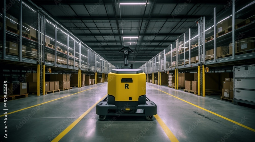 Revolutionary Smart Warehouse with AGVs (Automated Guided Vehicles) Enhancing Efficiency and Productivity in Logistics and Transportat7ion - High-Quality Stock Image for Future-Focused Businesses