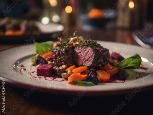 Closeup of beautifully plated meal and top left focus.