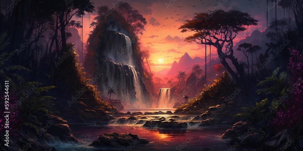 sunset rainforest fantasy panorama with waterfall, exotic jungle river with tropical vegetation, fictional landscape created with generative ai sunset rainforest fantasy panorama with waterfall, exotic jungle river with tropical vegetation, fictional landscape created with generative ai